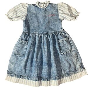 Vintage OshKosh Denim Dress 6X Prairie Cottagecore Striped Puff Sleeve Girls
